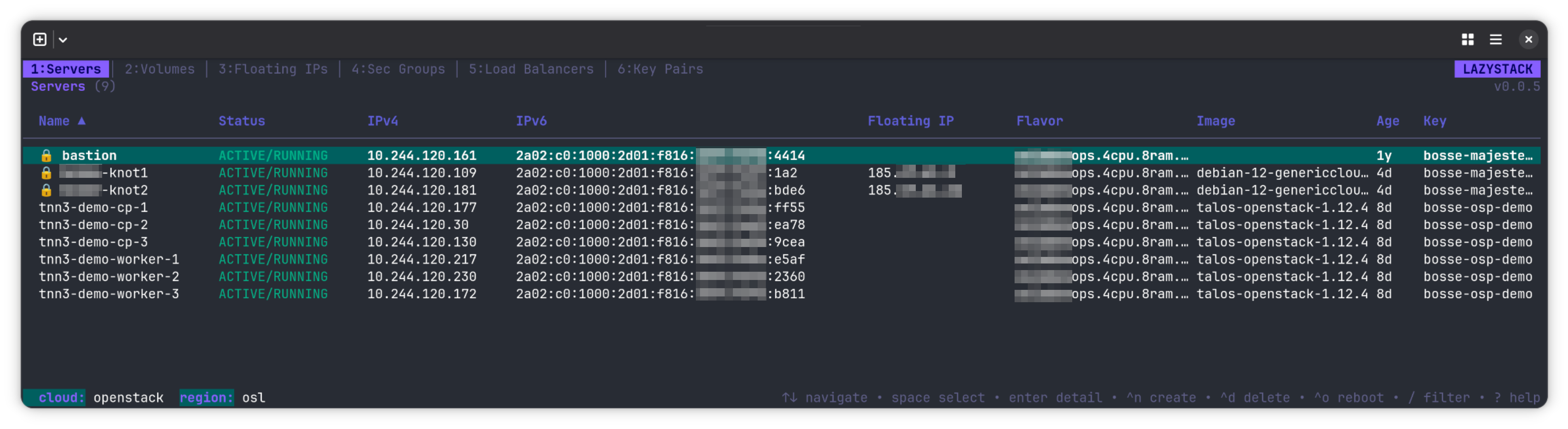 Lazystack terminal UI showing a list of servers